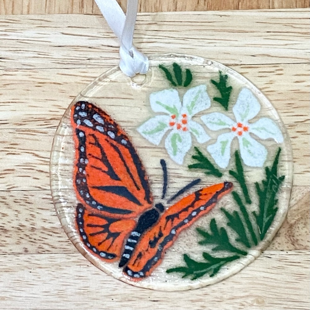 Fused Glass Butterfly Round Glass Hanging Christmas Ornament